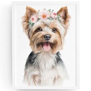 Yorkshire Dog with Flower Crown Portrait Art Print – Unframed Fine Art Poster